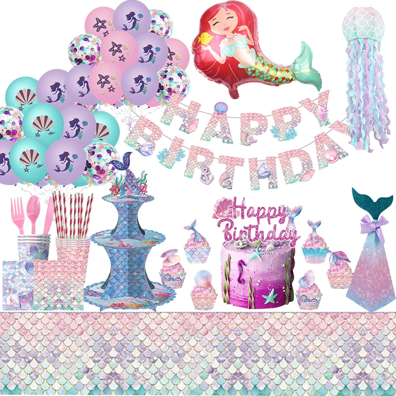 Mermaid Birthday Decorations Tableware Set Balloons Tablecloth Backdrop Banner Children\'s Birthday Party Supplies Baby Shower