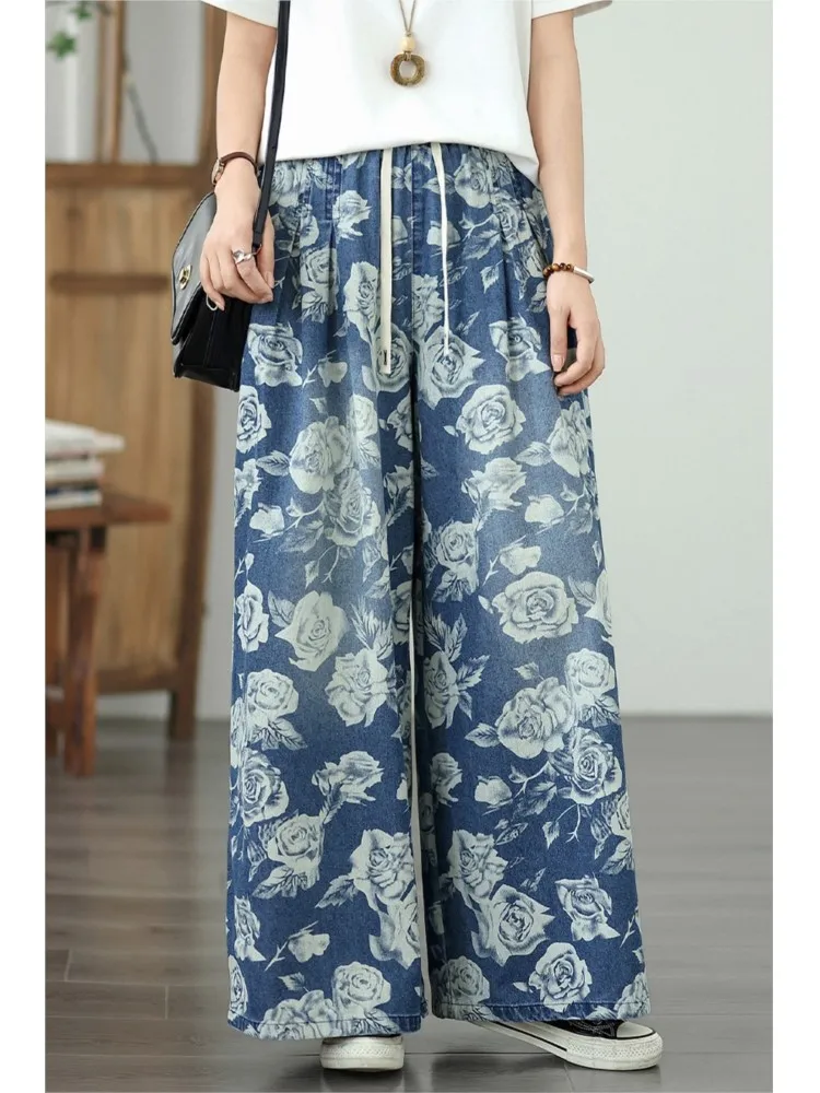 特大ジーンズ弾性ハイウエスト夏のパンツ女性の花花柄 Modis 女性のズボンカジュアルルーズワイドレッグ女性パンツ