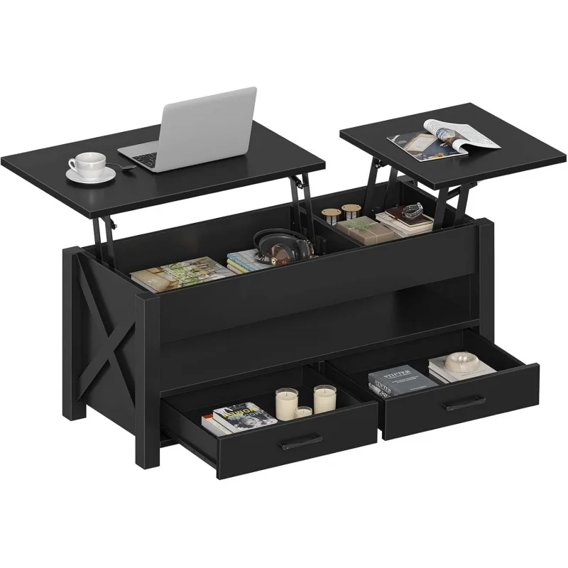 

47.2 Lift Top Coffee Table with Storage Drawers and Hidden Compartment in Retro Wood Farmhouse Style