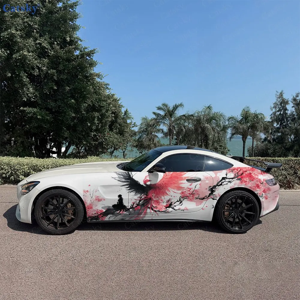 2pcs Red Plum Resting Phoenix Car Side Wraps, Self-Adhesive PVC Waterproof & Scratch-Resistant Stickers, Car Accessory Gift