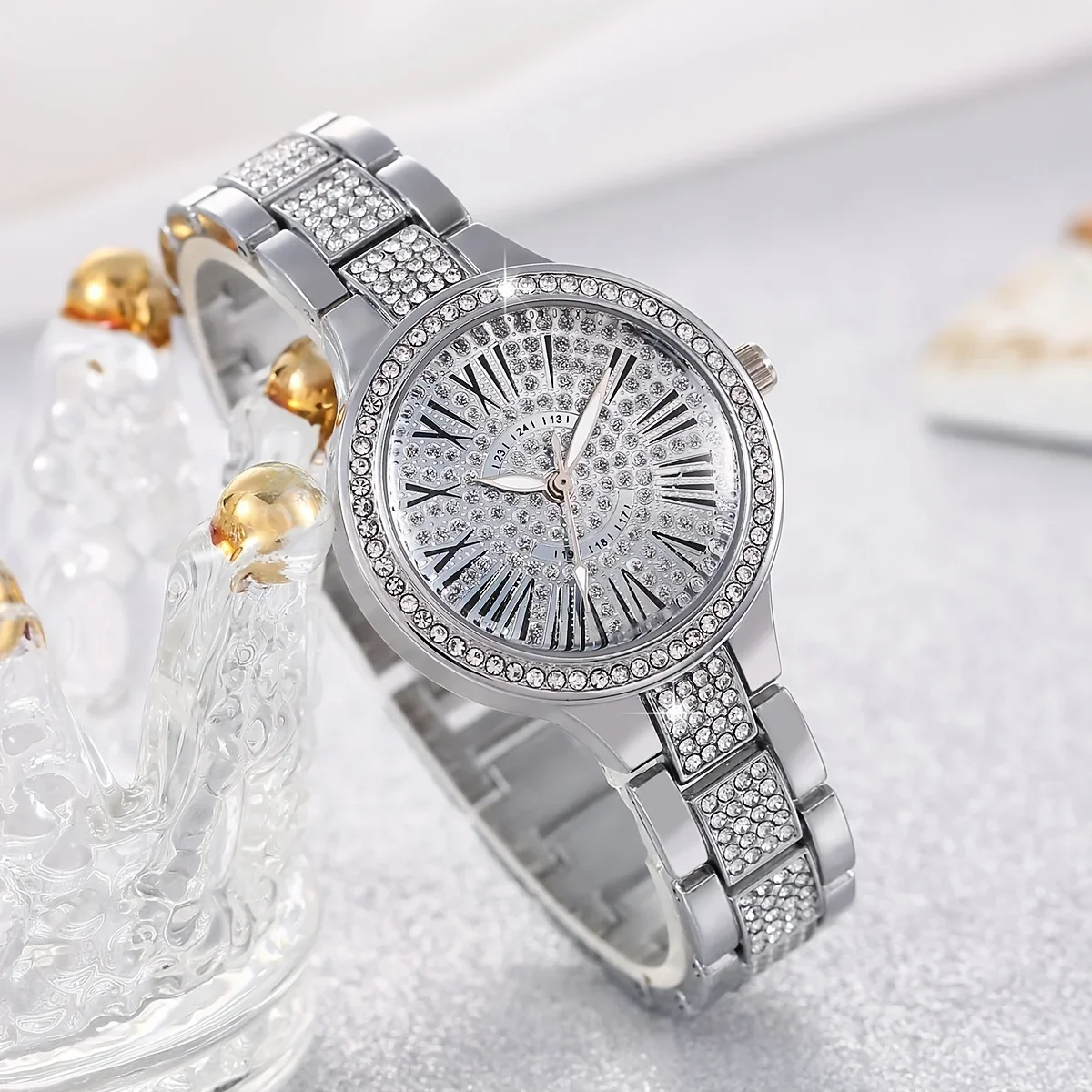 2pcs/set 1pc  Large Dial Square Rhinestone Watch + 1pc Chain Bracelet