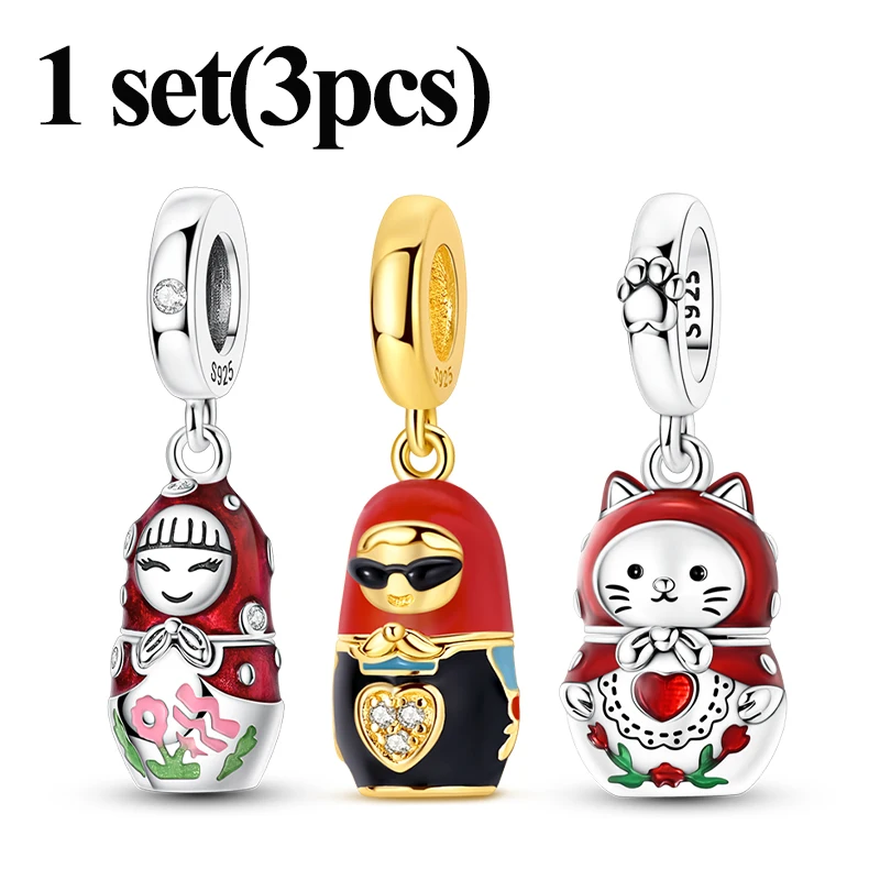 Original 925 Sterling Silver Set Charms Openable Closable Heart Nesting Doll Beaded Pendant Fit Bracelet DIY Women Jewelry Gift