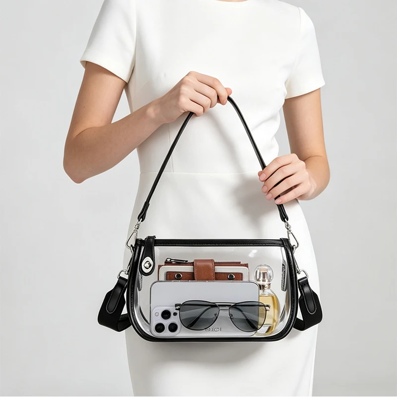 Transparente PVC-Schultertasche mit verstellbarem Riemen, wasserdichte Damen-Handtasche, vielseitige Freizeittasche, Reißverschluss, leichtgewichtig – Detail 6