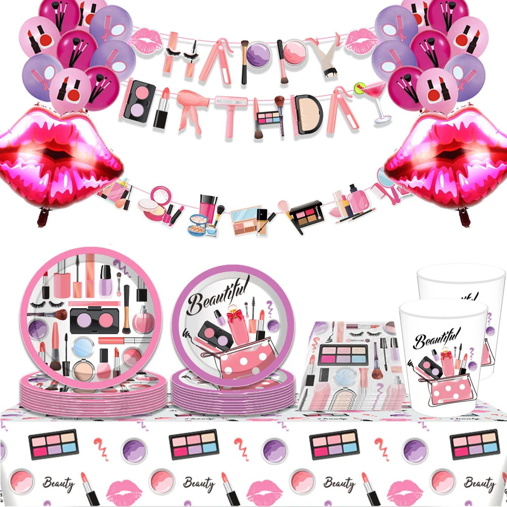 Spa Make-up Party-Zubehör, Tischgeschirr, Pappteller, Becher, Servietten, Luftballons für Mädchen und Frauen, Kosmetik-Geburtstagsparty-Dekoration – Detail 1