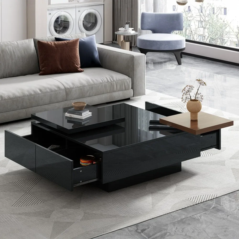 

Movable Coffee Tables, Wood Square Center Table, Cocktail Table for Living Room with High Gloss Finish, 4 Hidden Storage Drawers