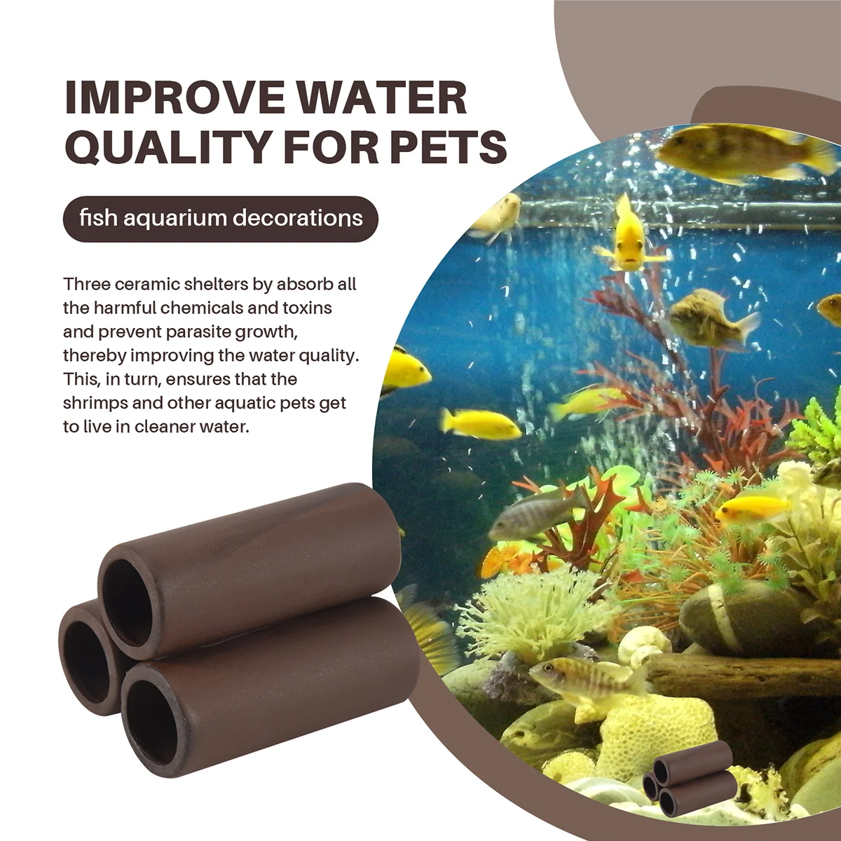 3-х шт. коричневые керамические укрытия — среда обитания креветок, разведения, скрывающая пещера