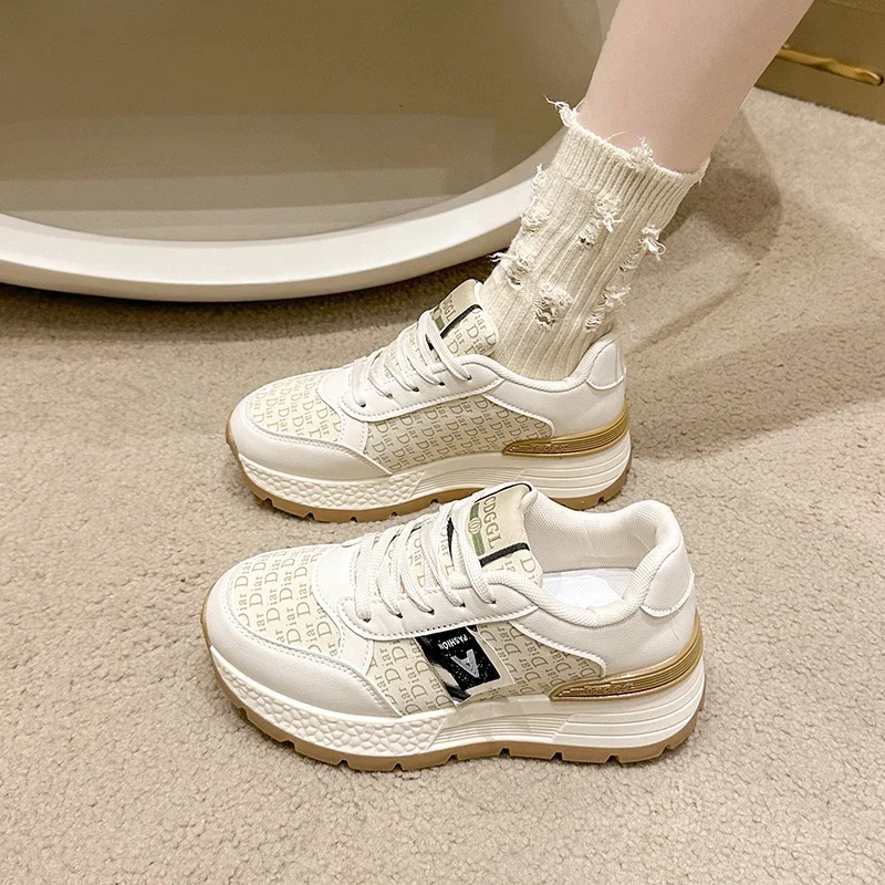 

2025 New Fashion Womens Chunky Sneakers Lace Jacquard Platform White Spring Autumn Casual Dad Shoes Ladies Walking Sport Tennis