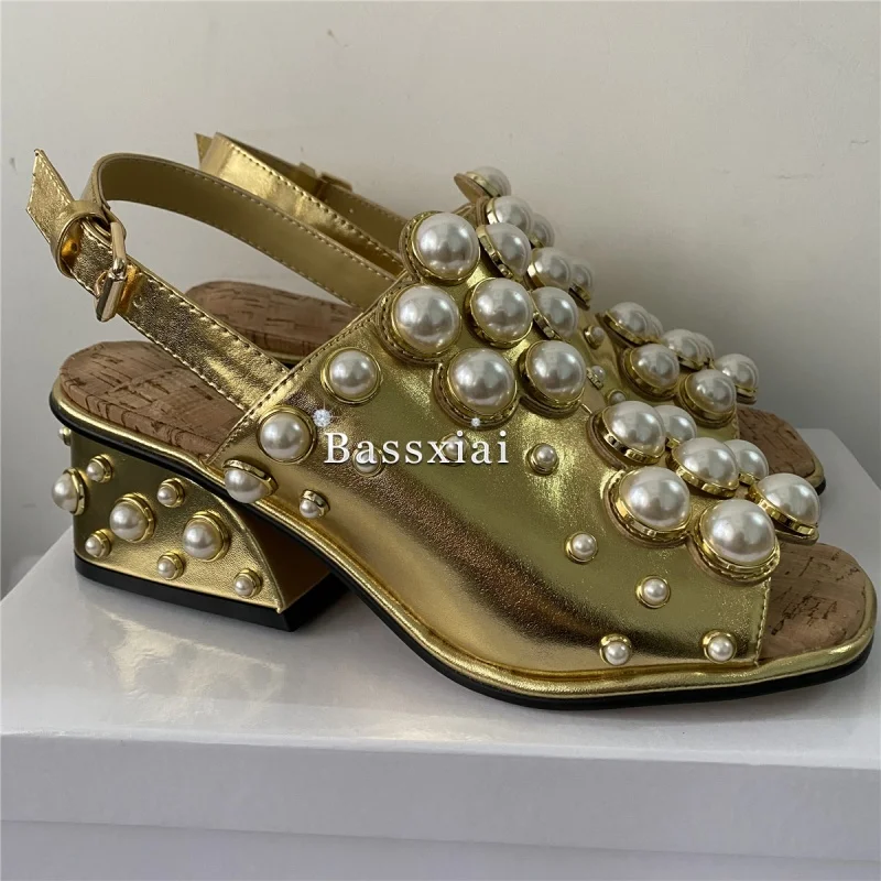Luxury Beads Pearl Embellishment Sandals Women Genuine Leather Unique Fretwork Heel Party Shoes Summer
