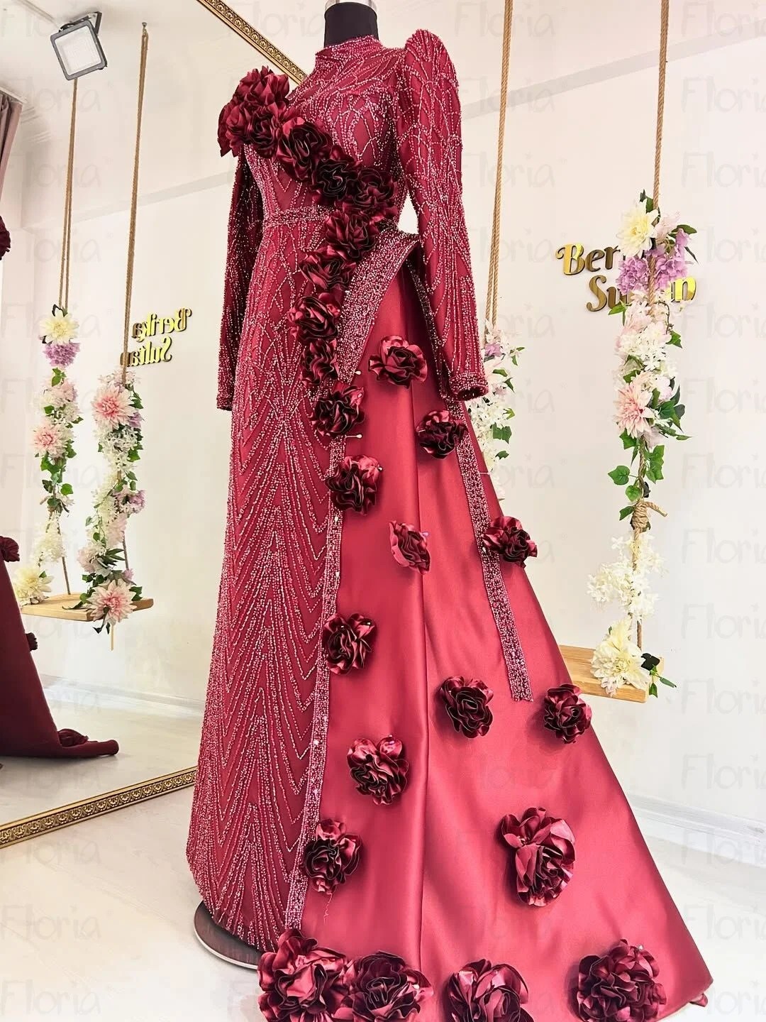 

Burgundy Muslim Long Sleeve Prom Dresses With Side Overskirt Chic Flowers Design Bridal Wedding Party Gowns Plus Size Customized