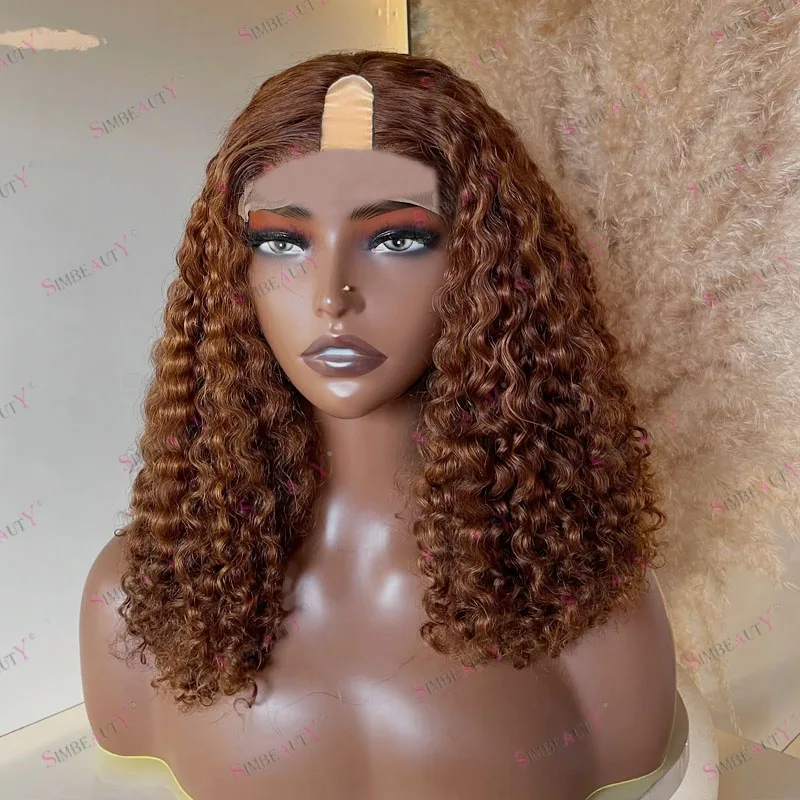 

Peruvian 100% Human Hair Ginger Brown Curly Afro Black Women Easy Wear Glueless 1x4 Opening U Part Wigs with Clips Adjustable