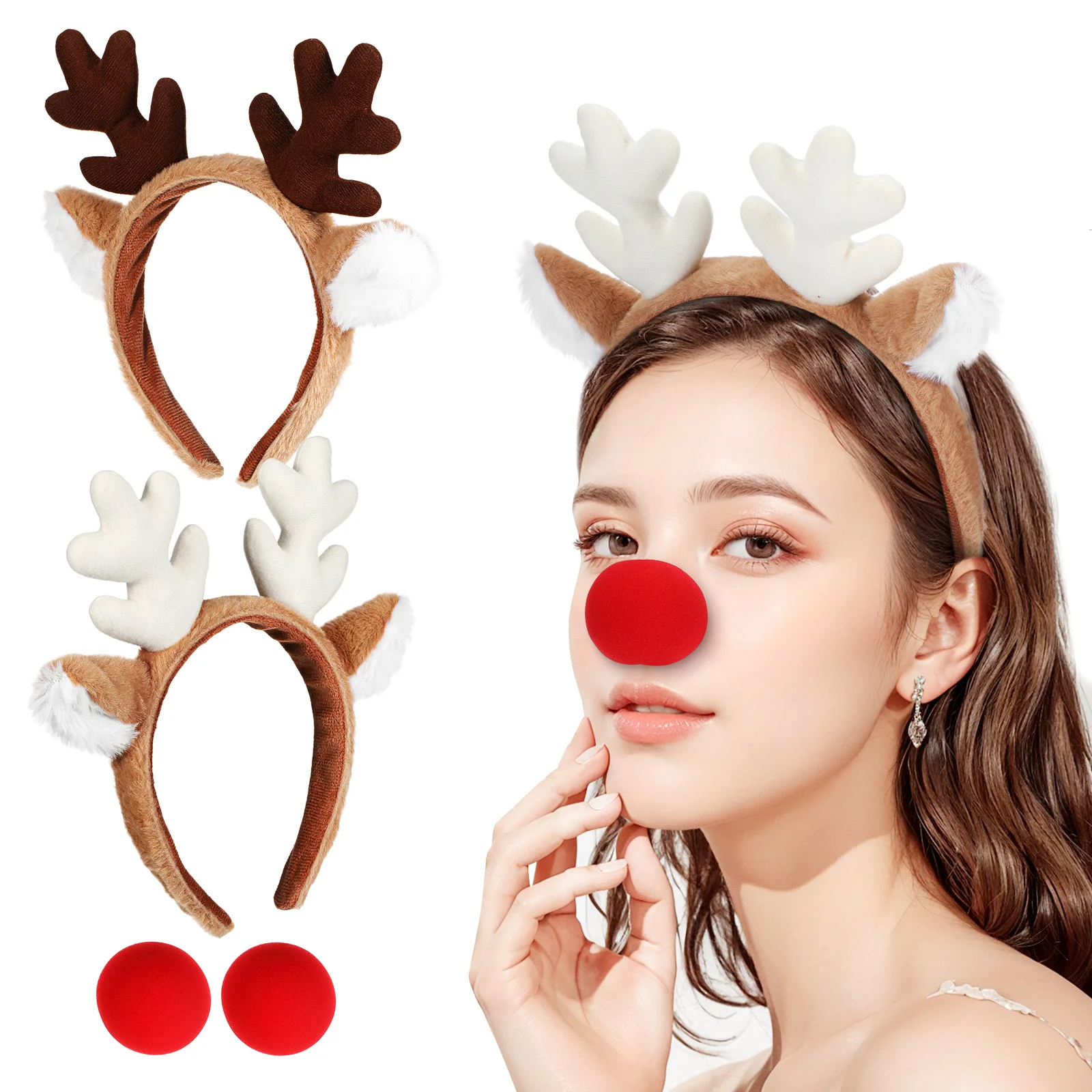 

2 set Christmas Deer Antlers Headband Red Nose Lightweight Party Costume Accessory For Holiday Family Gathering School Event