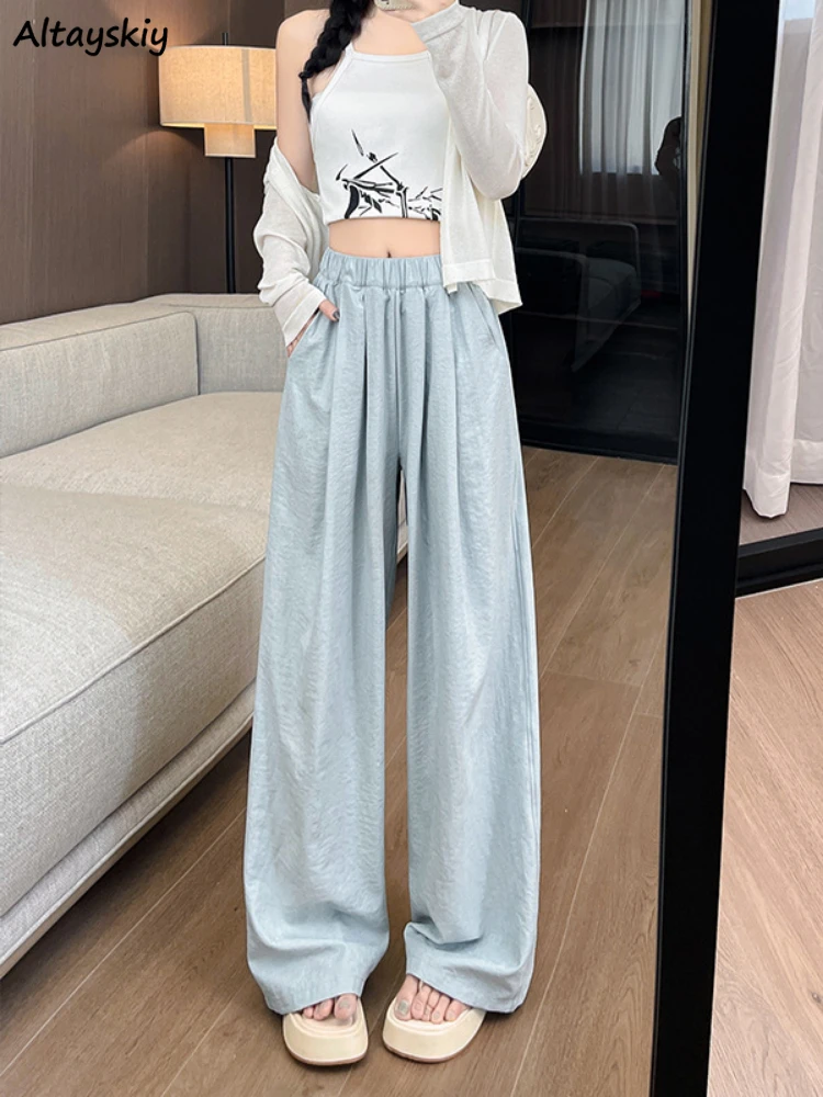 Spring Pants Women Elastic Waist Straight Solid Loose Breathable Korean Fashion All-match Clean Fit Minimalist Basics Stylish