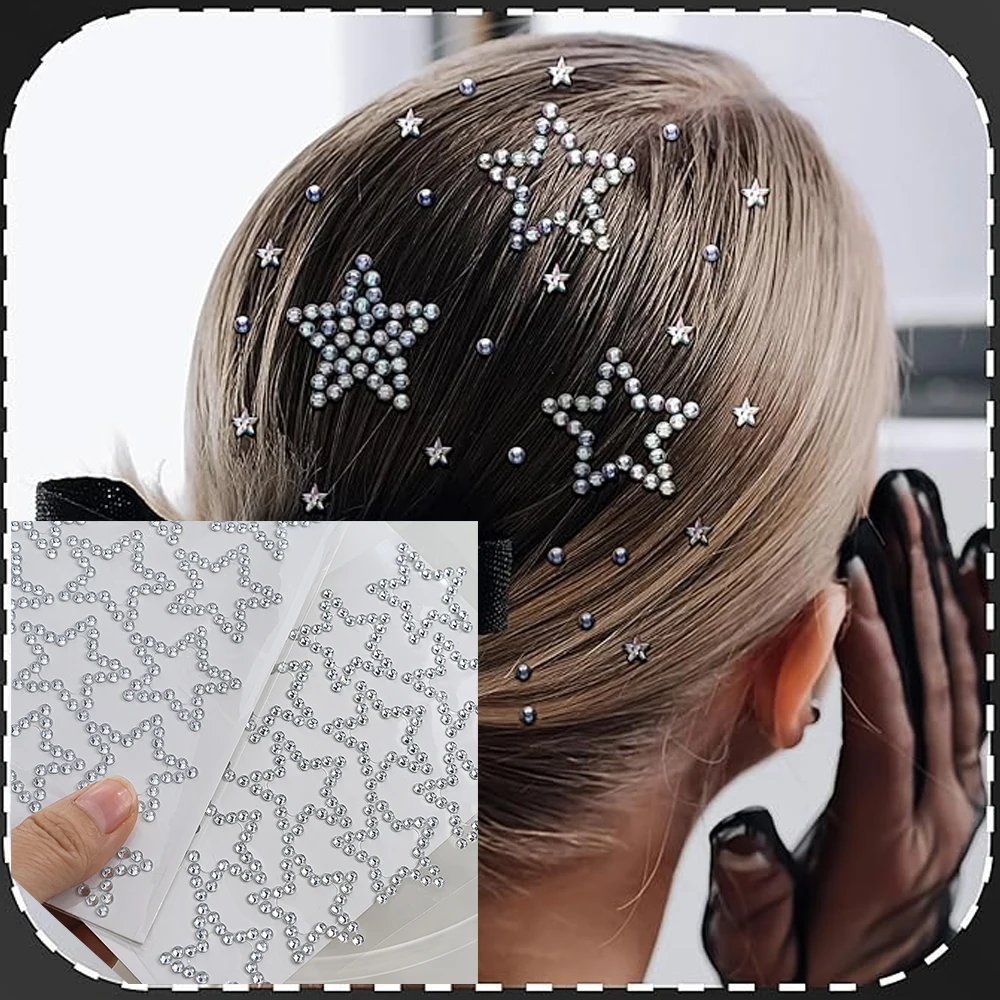 1Sheet Five-pointed Star Gem Facial Makeup Sticker 3D Self Adhesive Water Diamond Jewelry Decals Sparkly Rhinestone Hair Decor