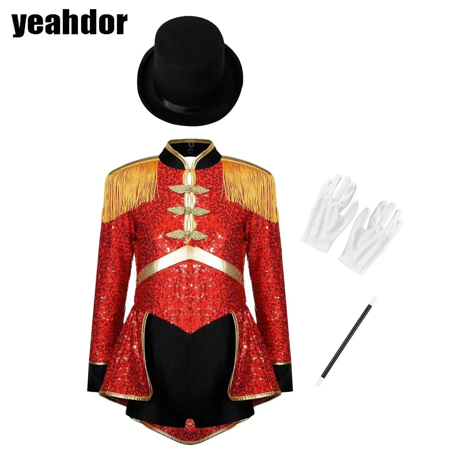 

Girls Ringmaster Circus Costume Magician Drummer Cosplay Sequin Leotard Bodysuit with Hat Gloves Wand Set for Halloween Dress Up