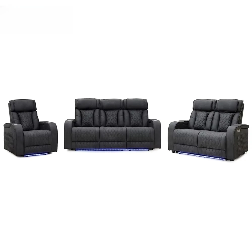Furniture Modern Leather Power Electric Motion Recliner Sofa Set with Armstorage & LED Ambient Light for Living Room