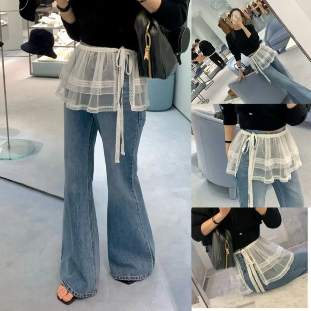 Mini jupe brodée en dentelle à fleurs, Streetwear Y2K, Harajuku, à volants, transparente, rideau de fesses, décoration en jean, nouvelle collection