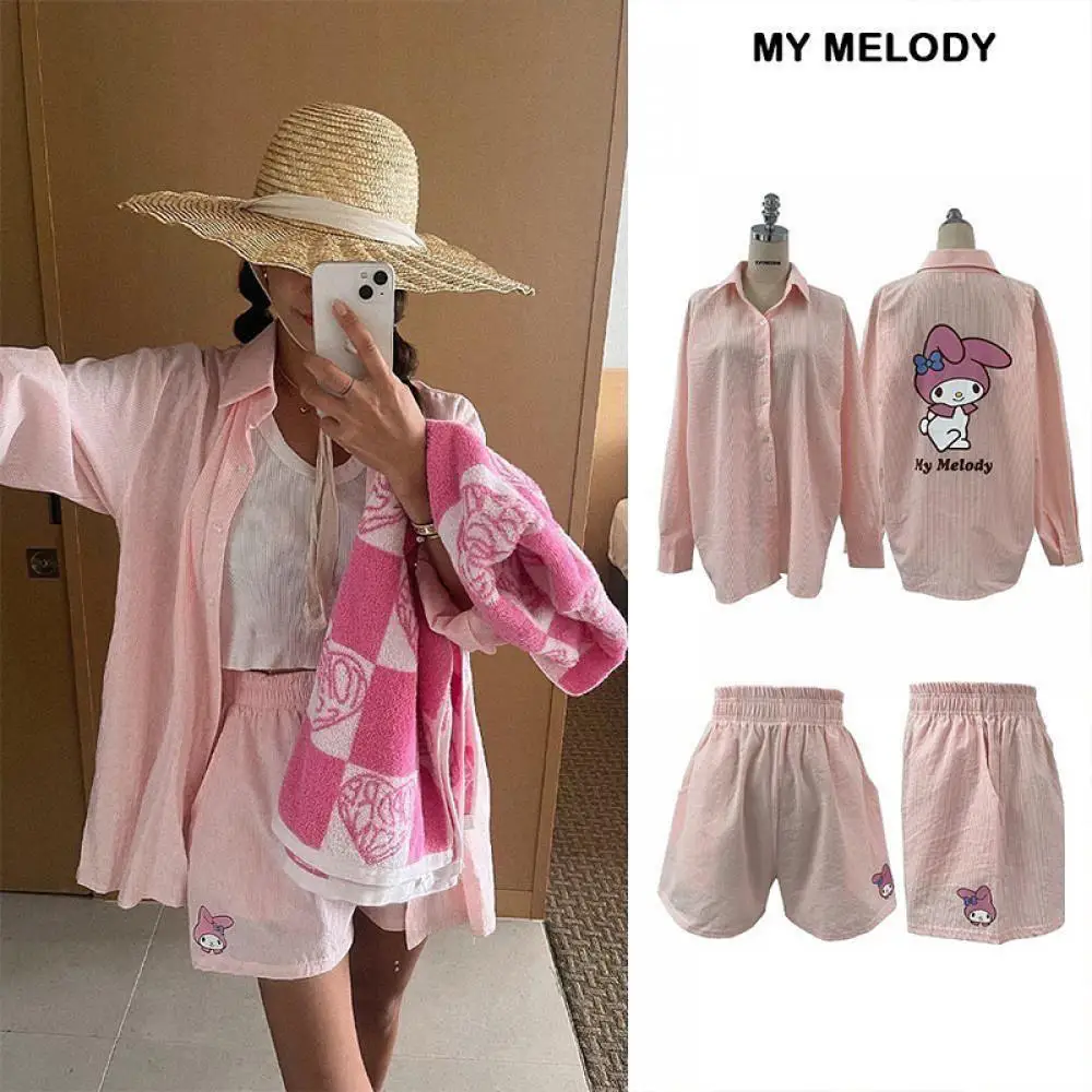 Cartoon Cotton Hello Kitty Pajamas Suit Shirt Shorts Sanrioed Anime Kawaii Cardigan Homewear Girls Student Spring Casual Loose