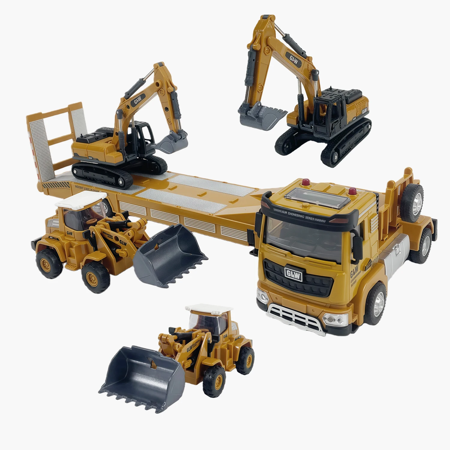

Набор строительной техники из сплава: грузовик, экскаватор и погрузчик. Инерционные скользящие детали изготовлены из пластика.