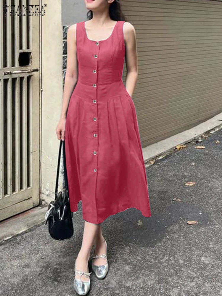 ZANZEA 2025 ฤดูร้อนทํางาน Midi ชุดเดรสผู้หญิงแฟชั่น U คอ Sundress วันหยุด Vestidos Casual ปุ่ม Robe
