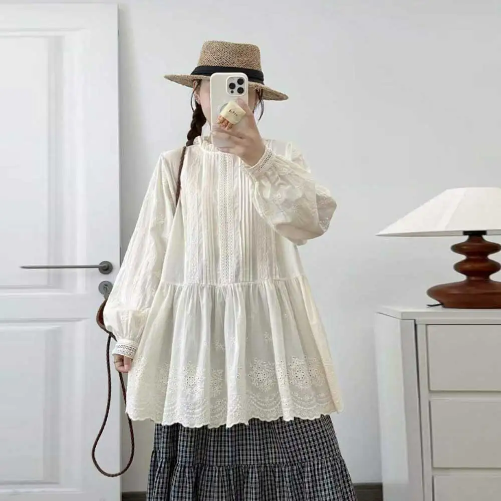 

Japanese Sweet Mori Girl Lace Embroidery Shirts Women Autumn New Stand Collar Long Sleeve Solid Color Casual Loose Blouse Tops