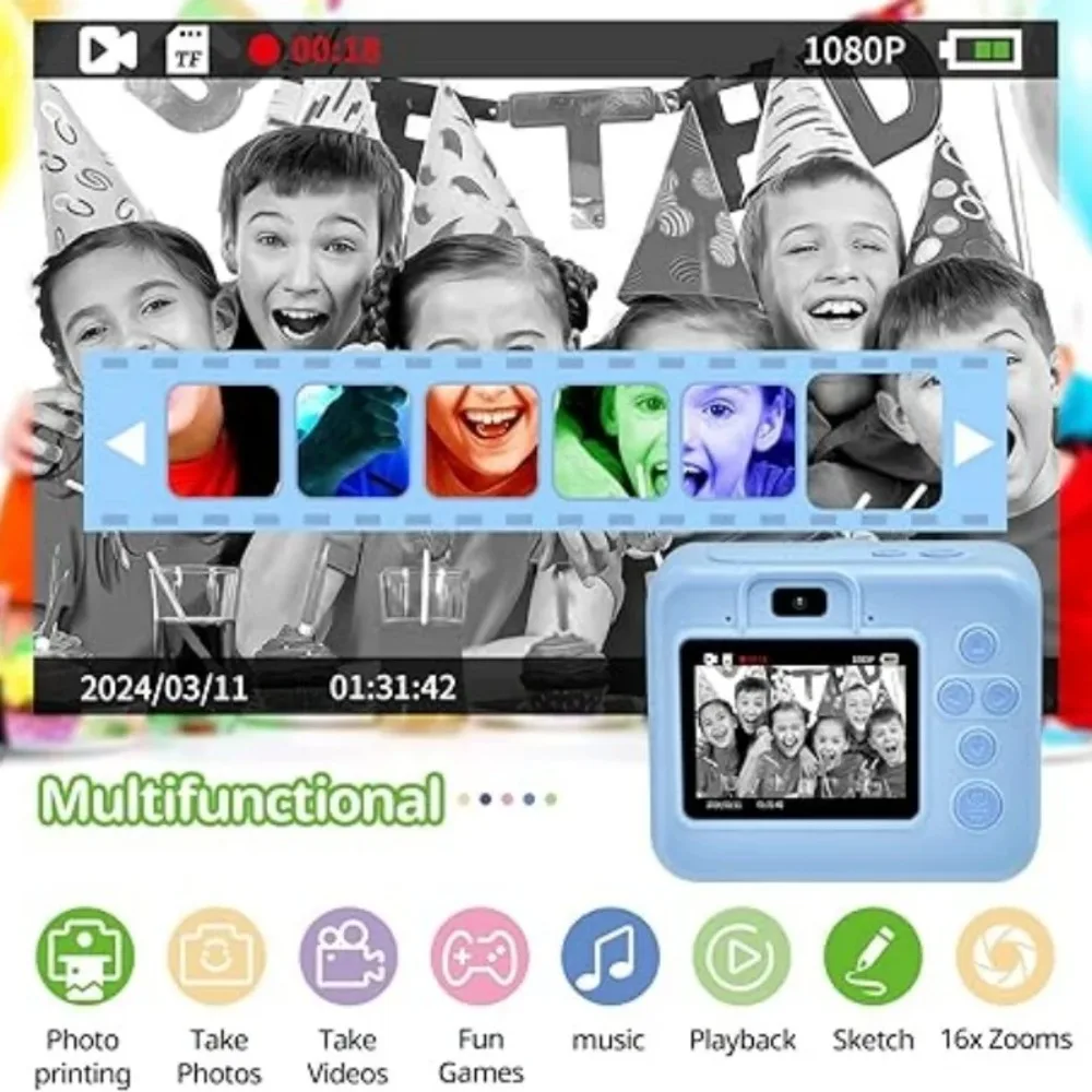 소년과 소녀를 위한 어린이 즉석 인쇄 카메라 및 비디오 사진 장난감, 프린터가 있는 미니 디지털 카메라
