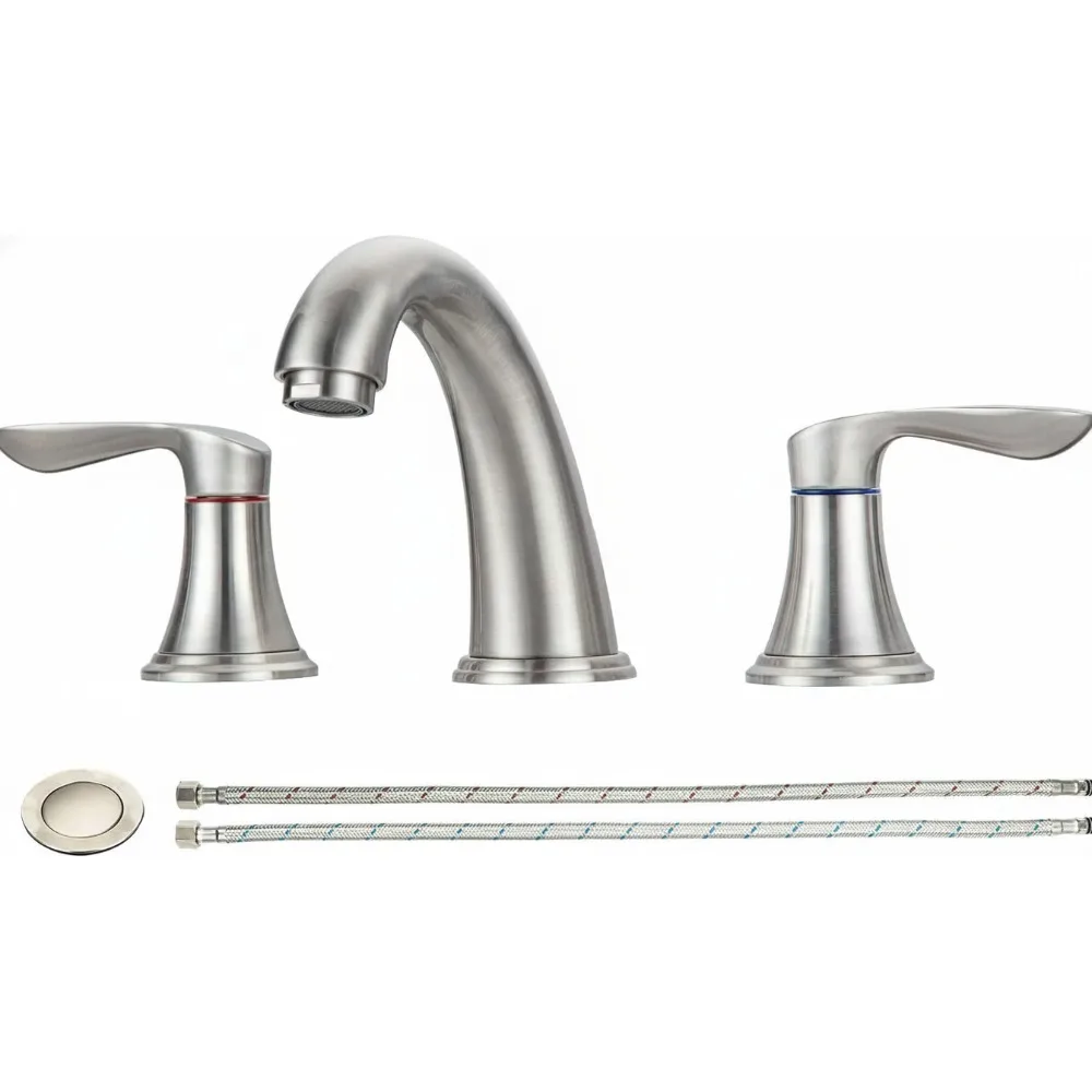 

8 Inch Widespread Bathroom Faucet 3 Hole Brushed Nickel with Pop Up Drain Lead-Free Easy Install