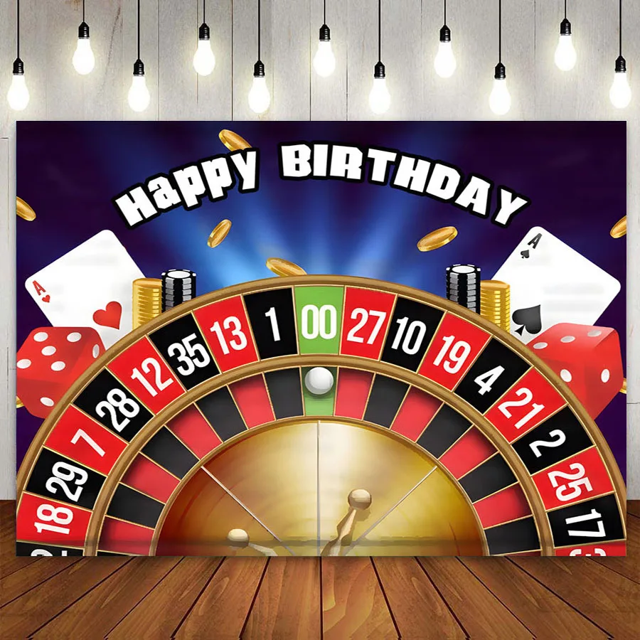 Casino Theme Birthday Backdrop Table Banner Roulette Wheel Jackpot Poker Game 777 Las Vegas Gambling Anniversary Photo Booth