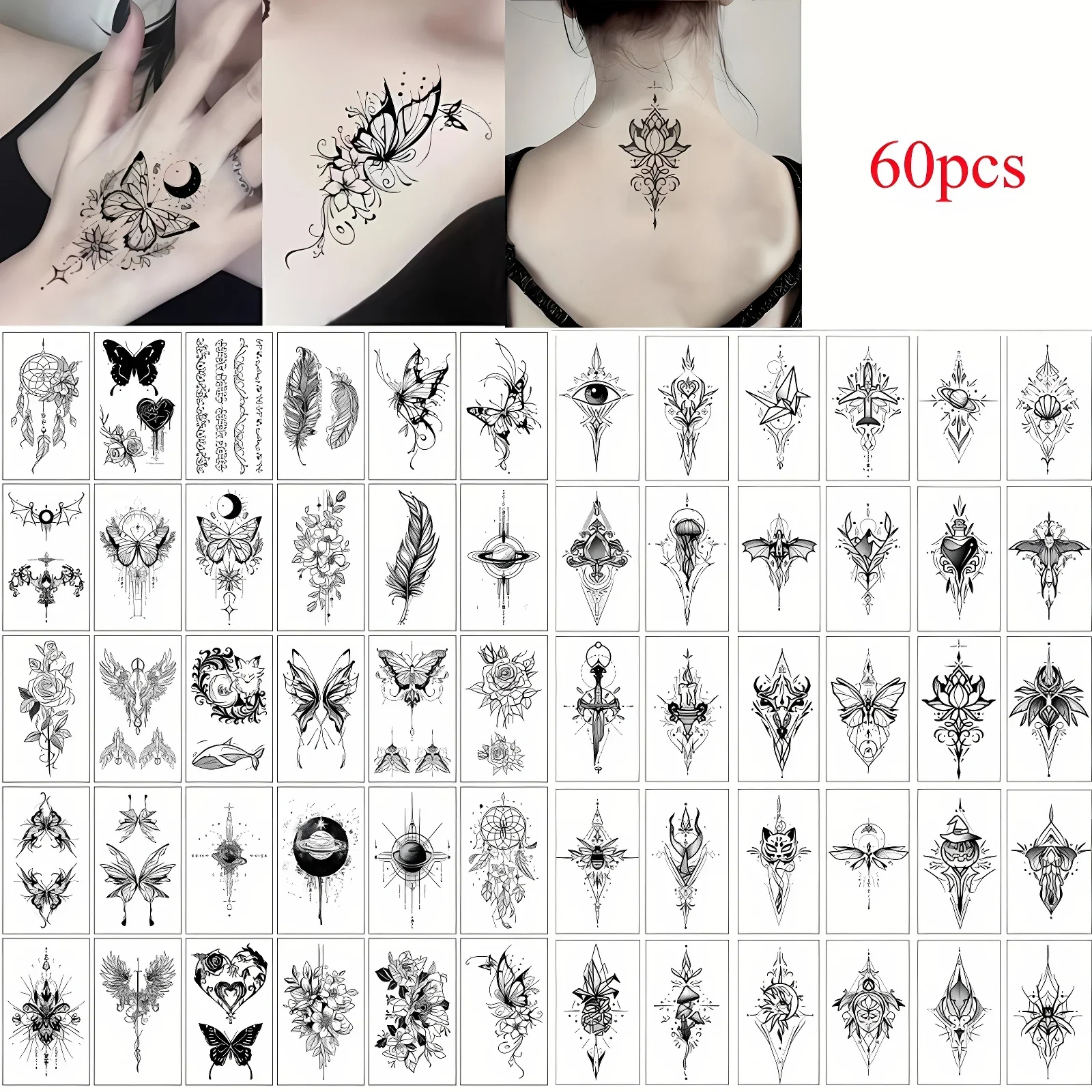 

60pcs Black Realistic Fake Tattoos Totem Butterfly Feather Dreamcatcher Shell Eye Crane Lace Designs Temporary Tattoo Adhesive