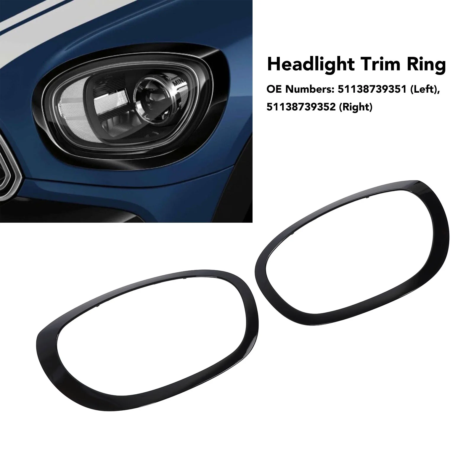 1 Pair Car Headlight Trim Ring 51138739351 Black Headlight Trim Ring Bezel Replacement for Cooper F60 Countryman 2017 to 2021
