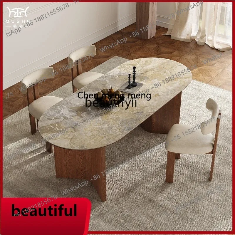 

X French retro solid wood rock slab dining table and chair combination simple oval designer dining table