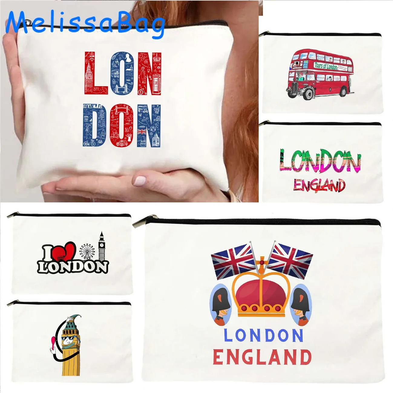 

Vintage Big Ben Clock London Bus United Kingdom UK Flag England Lover Gifts Canvas Cosmetic Makeup Bags Pencil Case Zipper Pouch