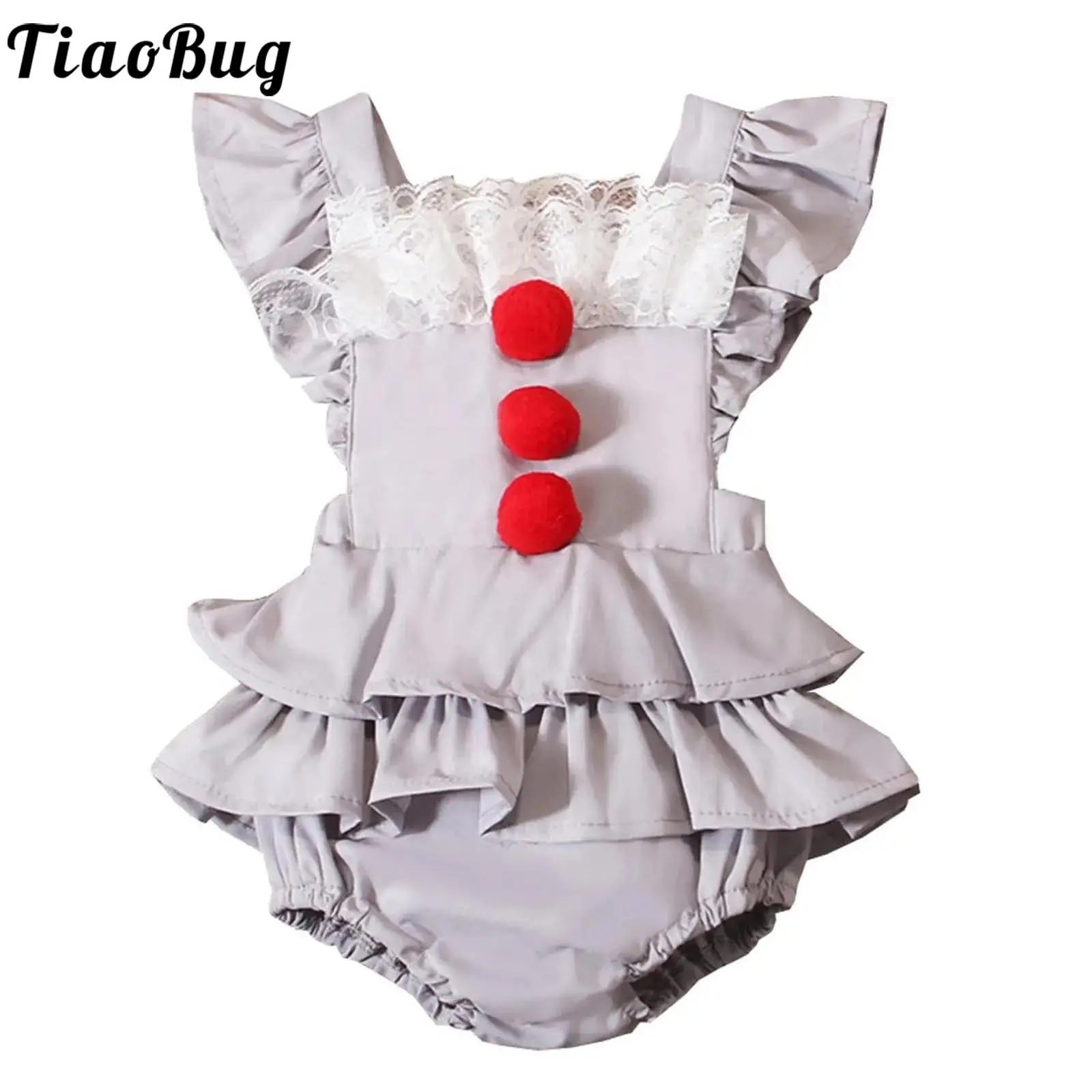 Baby Girl Boy Gray Clown Costume Lace Red Bobbles Layered Ruffle Rompers for Halloween Creepy Joker Cosplay Carnival Theme Party
