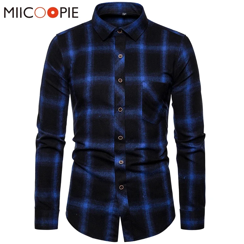 Mens Clothing Blouse Blue Gradient Striped Men Dress Shirt Tops Casual Business Plaid Print Long Sleeves Camisa Social Masculina