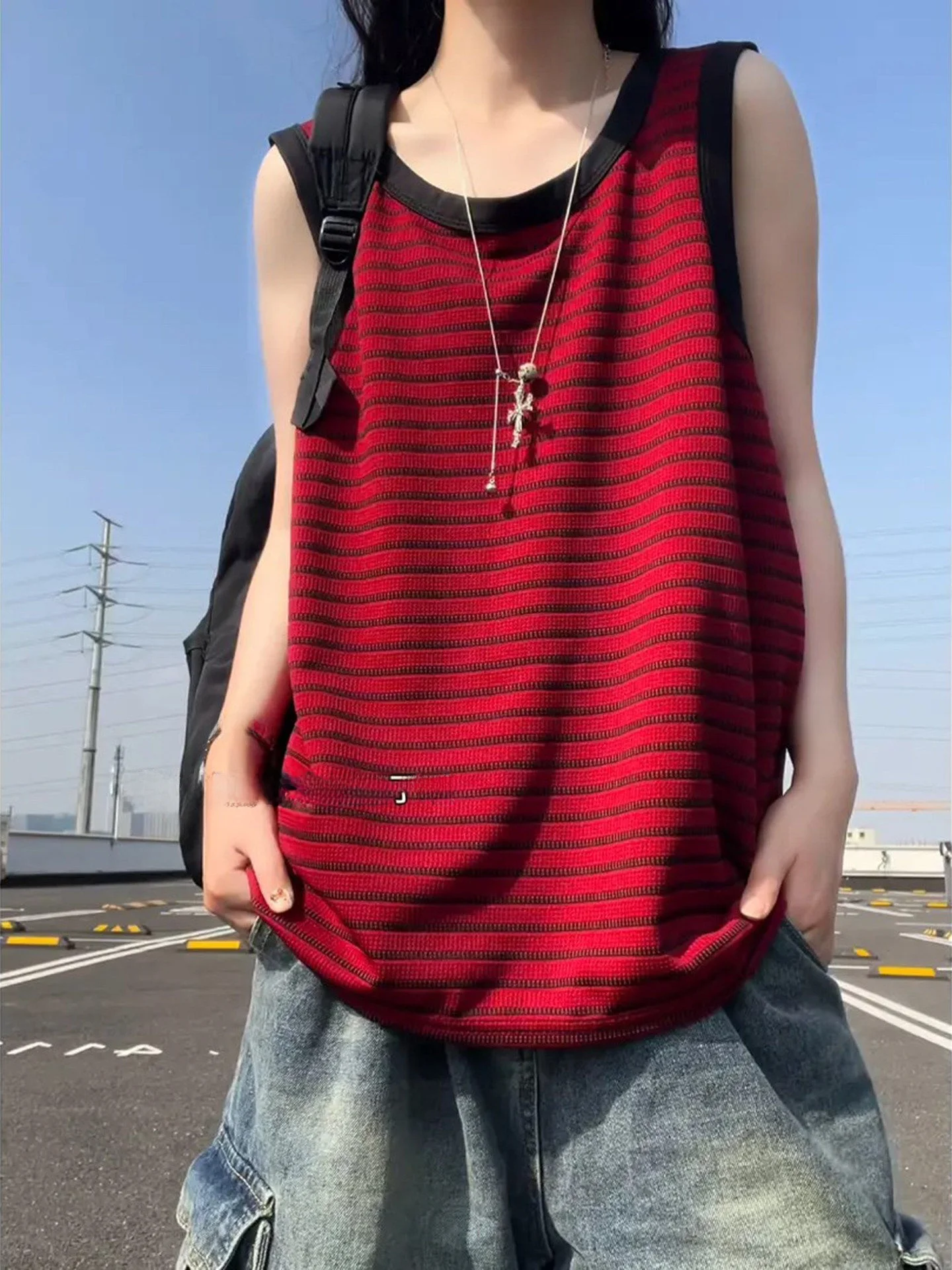 Black White Striped Splice Sleeveless Vest Unisex Summer Loose Heavyweight Shoulder Pad Vest Outdoor Fitness Sportswear