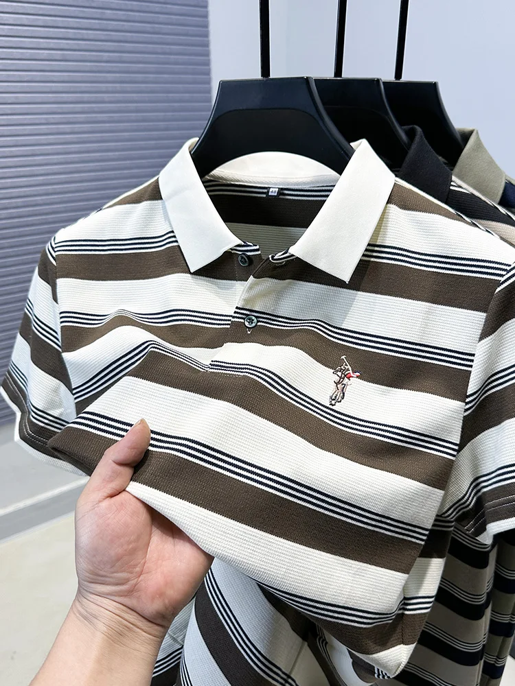 

High end men's summer classic fashion boutique lapel business polo shirt striped embroidery short sleeved casual breathable top