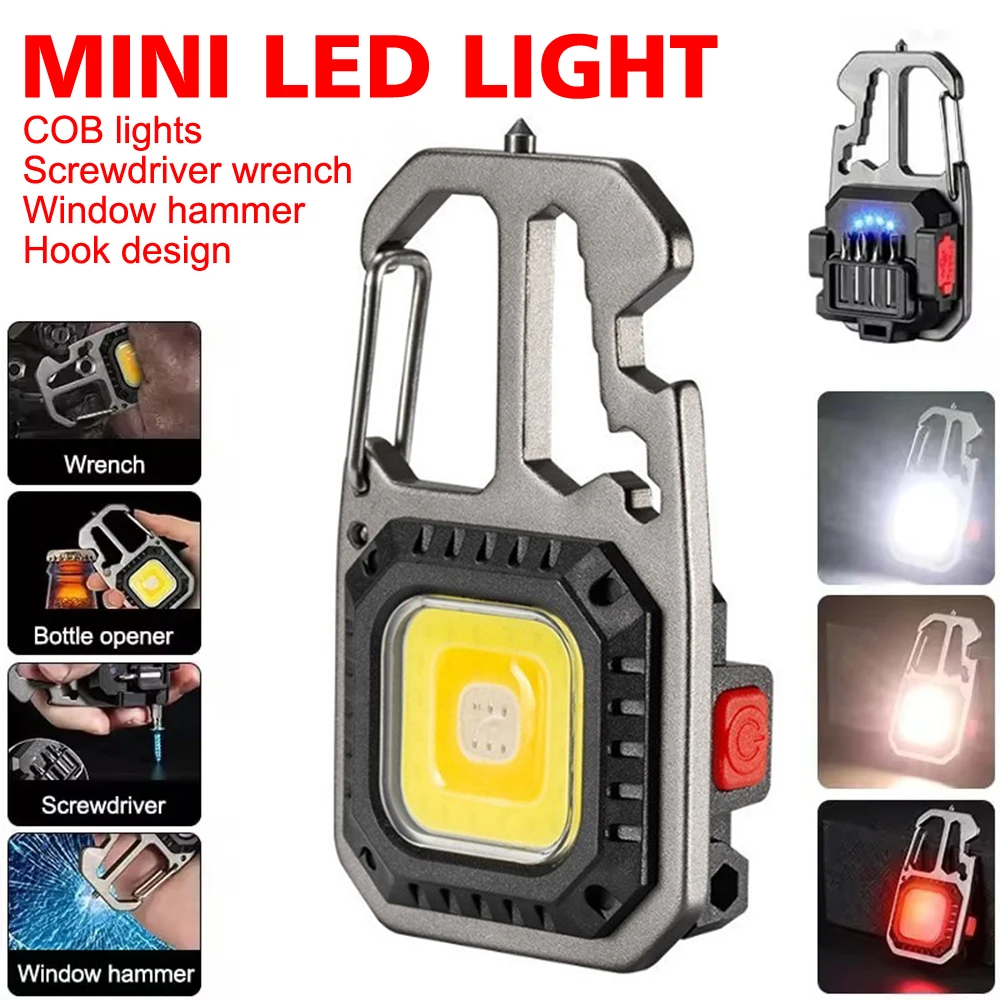 

LED Keychain Flashlight Multifunction Outdoor Camping COB Light with Screwdriver Hammer Bottle Opener Emergency Light with Rack