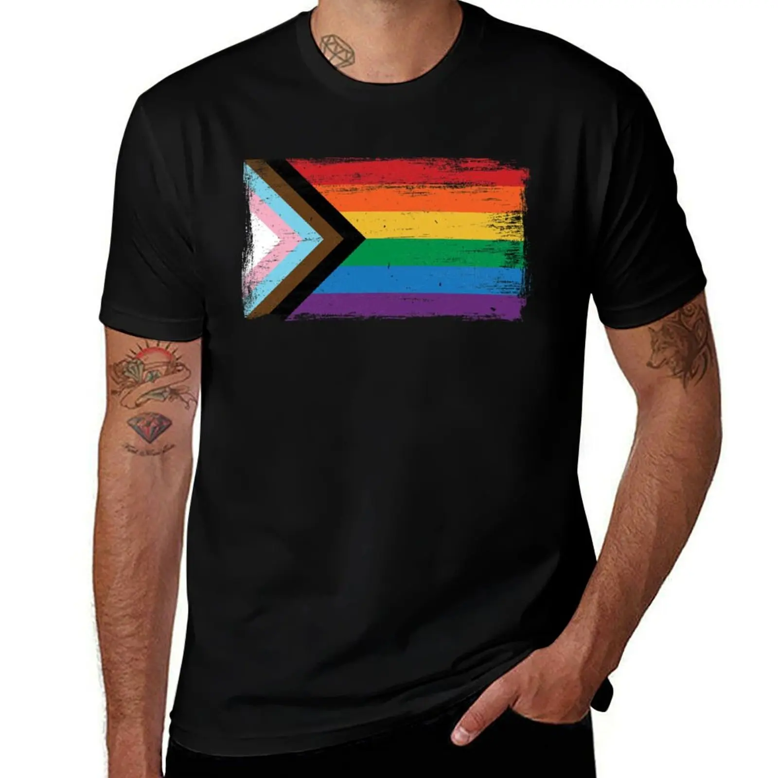 

LGBTQ - Progress Pride Flag - Vintage Paint - Gay Transgender Queer T-Shirt cotton t shirt man man t shirt graphic T-shirt