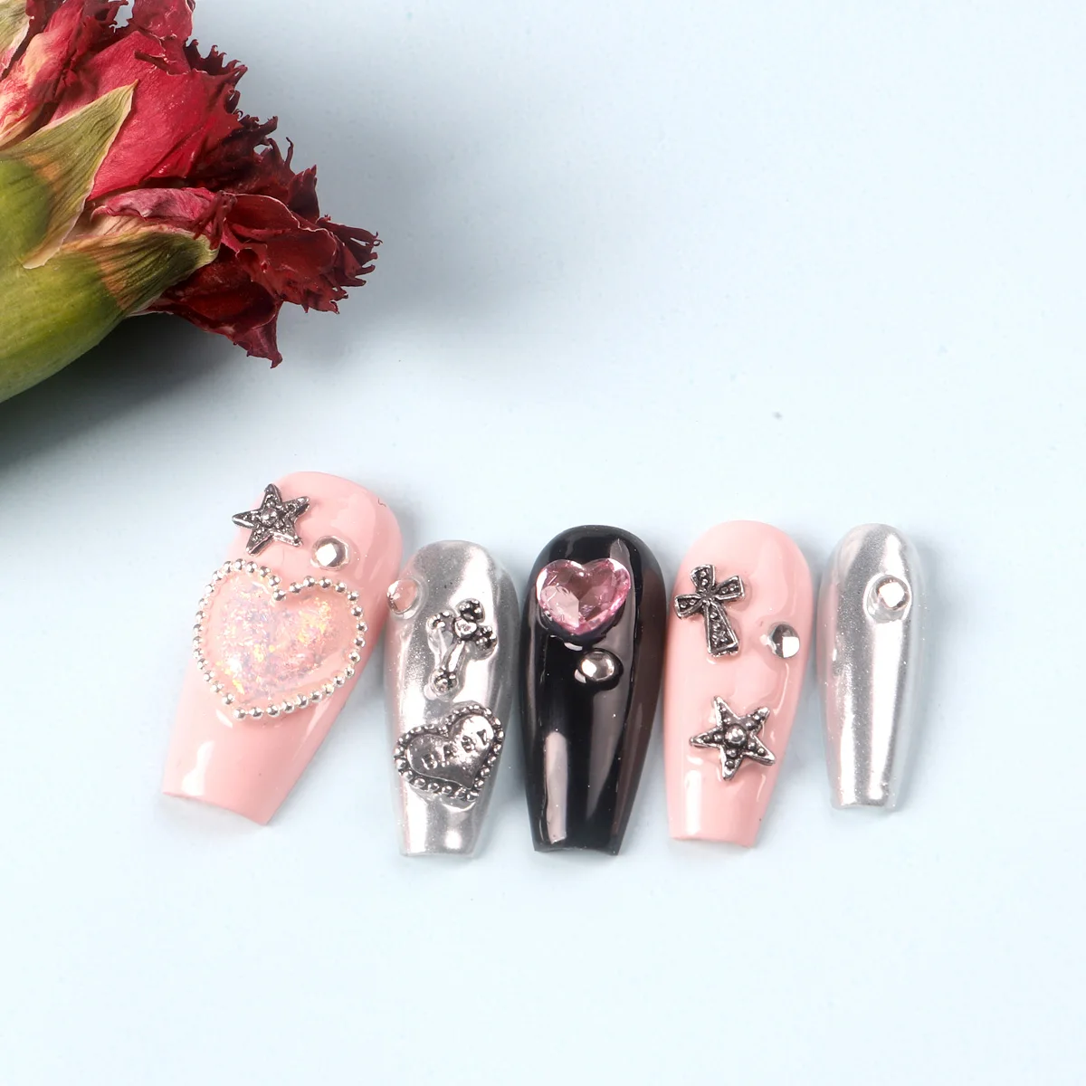 50PCS Mixed 3D Punk Silver Heart Cross Metal Manicure Nail Decoration Retro Different Design Cross Nails Art Charms
