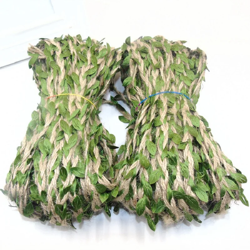 2M 5M Jute Ivy Rattan Artificial Silk Green Leaves Jute Rope DIY Leaf Garland for Wedding Home Party Wall Decoration Fake Plant