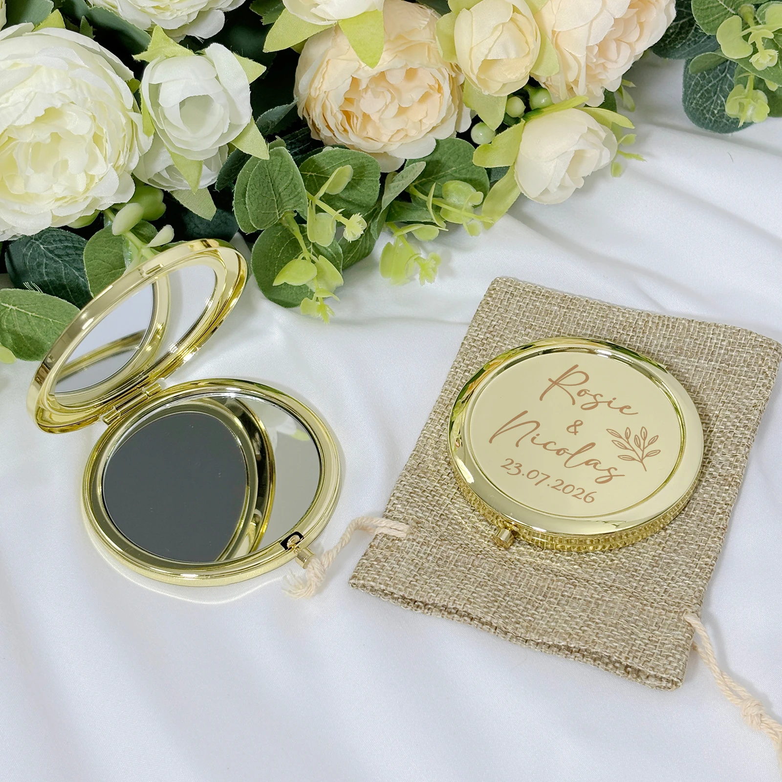 Miroir de Maquillage de Poche Personnalisé, Cadeau de Mariage Personnalisé pour les Invités, Miroir Compact Doré avec Sac en Toile de Jute, Souvenir de Mariage
