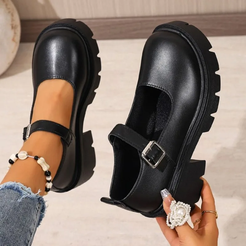 Women Black Platform Mary Jane Shoes Retro Japanese Style Buckle Strap Chunky Thick Block Heel Faux Leather Casual Daily Shoes