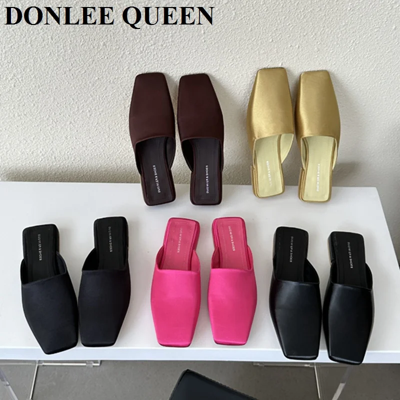 Fashion Square Toe Flat Slippers Women Casual Slip On Mule Luxury Brand Outside Slide Elegant Satin Lady Shoes Sandal Flip Flops