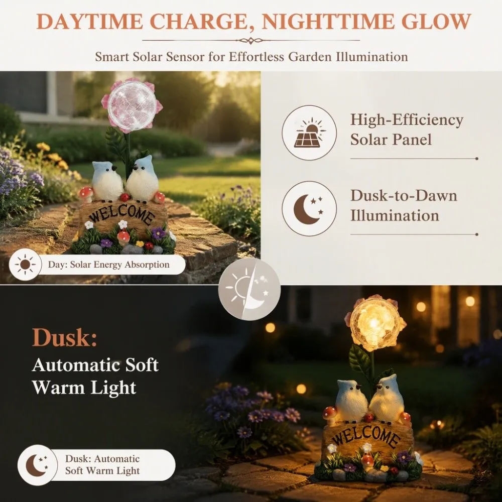 Solar Powered Garden Welcome Sign Durable Resin Creative Design Bird Figurine No Wiring Needed Warm Light