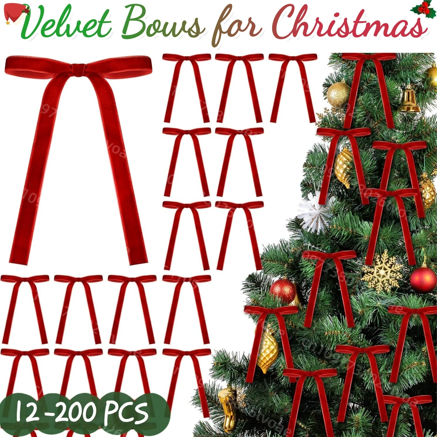 

12-200Pcs Velvet Bows for Christmas Tree Bows Red Bows Vintage Velvet Ribbon Bows for Tree Garland Wreath Indoor Xmas Decoration