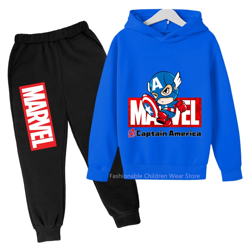 New Marvel Q-Edition Captain America Print Hoodie & Pants Set - Kids' Cotton Capped Outfit for Casual Styles