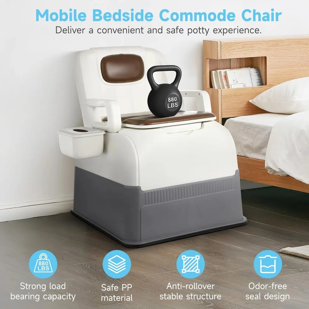 Mobile Bedside Commode Chair, Portable Toilet with Detachable Armrests & Inner Bucket, Non-Slip Odorless Potty Chair