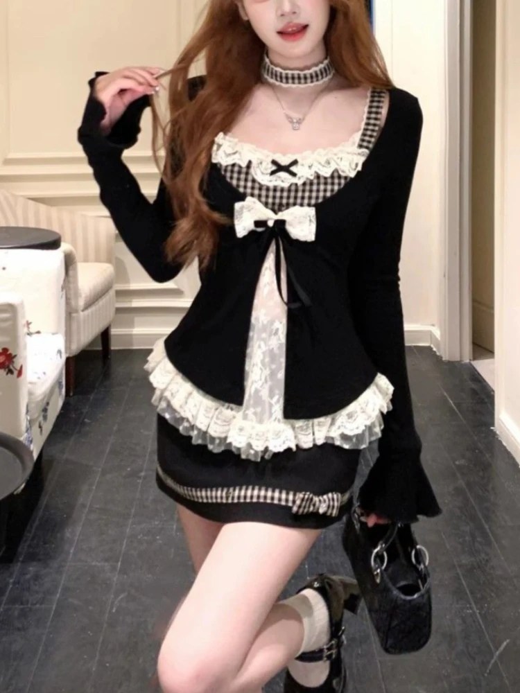 

Korean Style Fashion Y2k Patchwork Fake 2 Piece Set Women Vintage Tops + Cute Bow Skirt Japanese Lace Long Sleeve Sweet Outfits