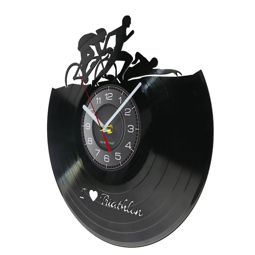 Sports Swimming Running Cycling Vinyl Record Clock Handmade Sports Lovers Gifts Vintage Athlete Home Decor Triathlon Wall Clock