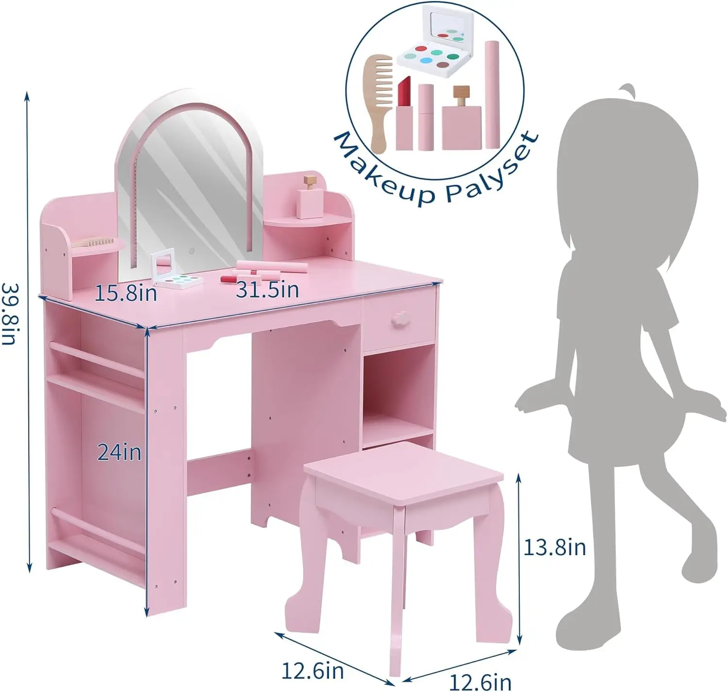 2-in-1 Kids Vanity Table & Stool with Lighted Mirror, Wooden Princess Makeup Desk with Bookshelf, Drawer & Open Shelves for Girls Bedroom & Playroom