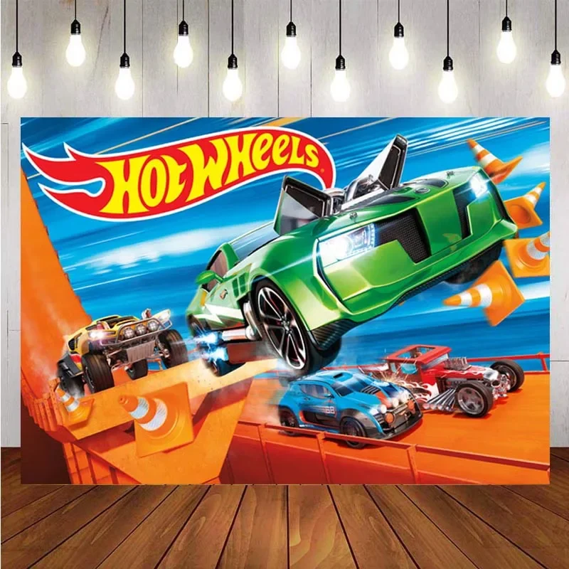 Hot Wheels tło dzikiego samochodu wyścigowego chłopca z pasa startowego 1 urodziny fotografia imprezowa tło foto budka dekory